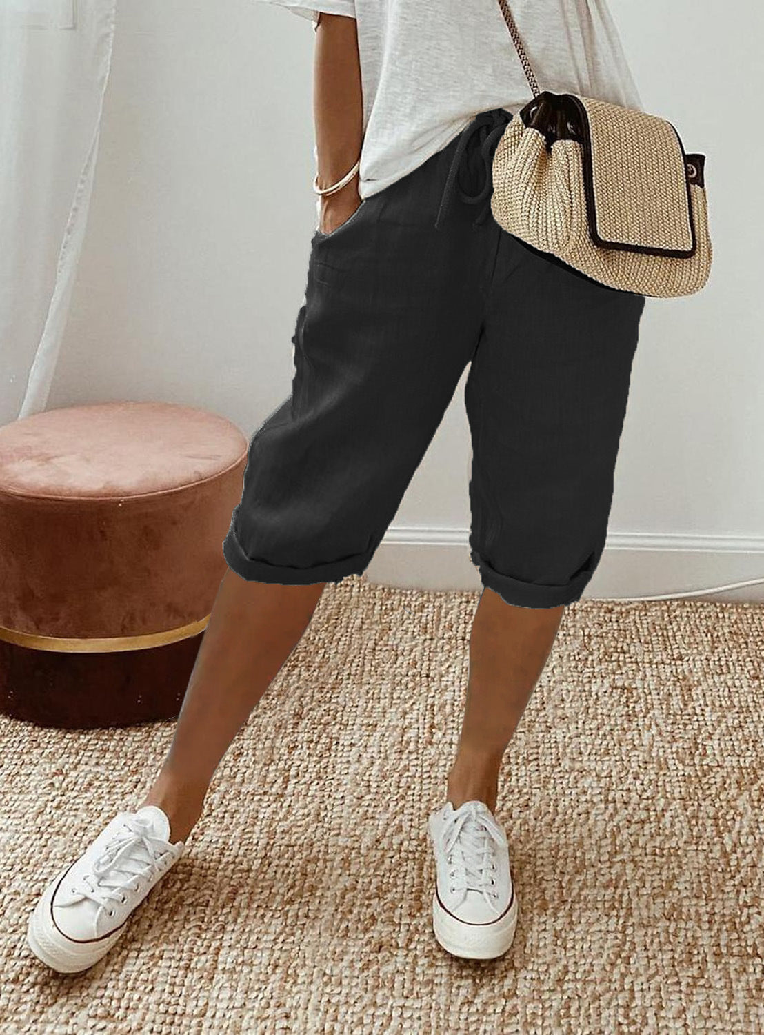 Women's Cotton And Linen Pocket Elasticated Slacks Women's Fifth Pants Product information: Fabric name: cotton and linen Color: khaki, sky blue, white, army green, black Size: S,M,L,XL,XXL,XXXL Style type: temperament commute Popular elements: Pocket Sty