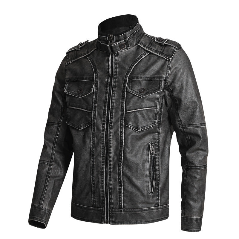 Thick PU Leather Coat Men's Fashion Casual Product information: Pocket Style: top stitching slit pocket Color: khaki, gray, black Size: XL,XXL,XXL,XXXXL,5XL Lining composition: Polyester Fiber (polyester) Leather classification: PU Style: Casual Size Info