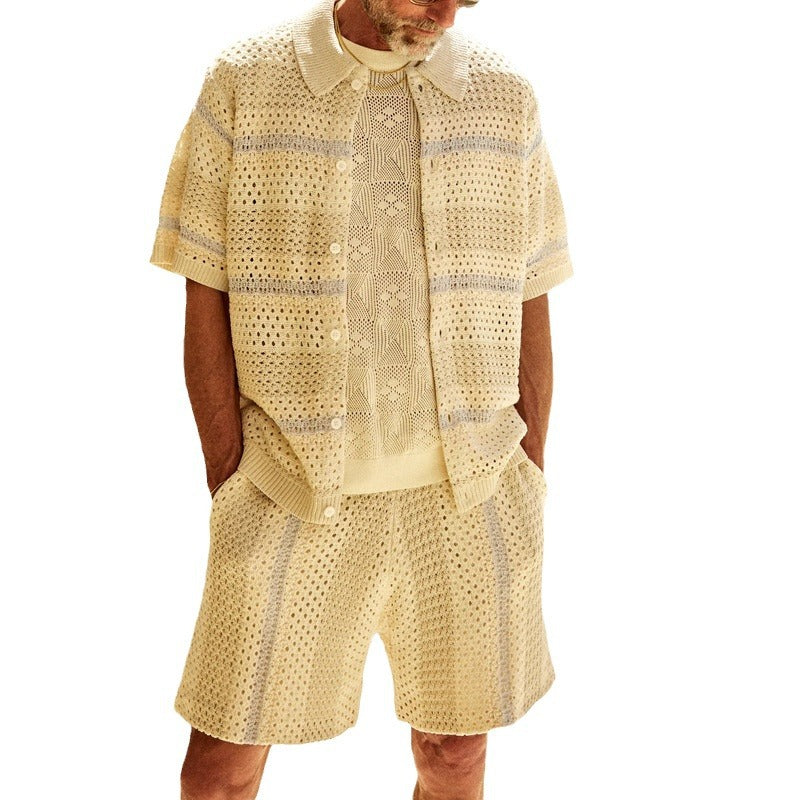 Knitted Cardigan Shorts Color Matching Two-piece Suit Men Product information: Color: Milky White Top sleeve length: short sleeve Pants length: fifth pants/middle pants Size: S,M,L,XL,XXL,XXXL Main fabric composition: Polyester Fiber (polyester) Jacket st