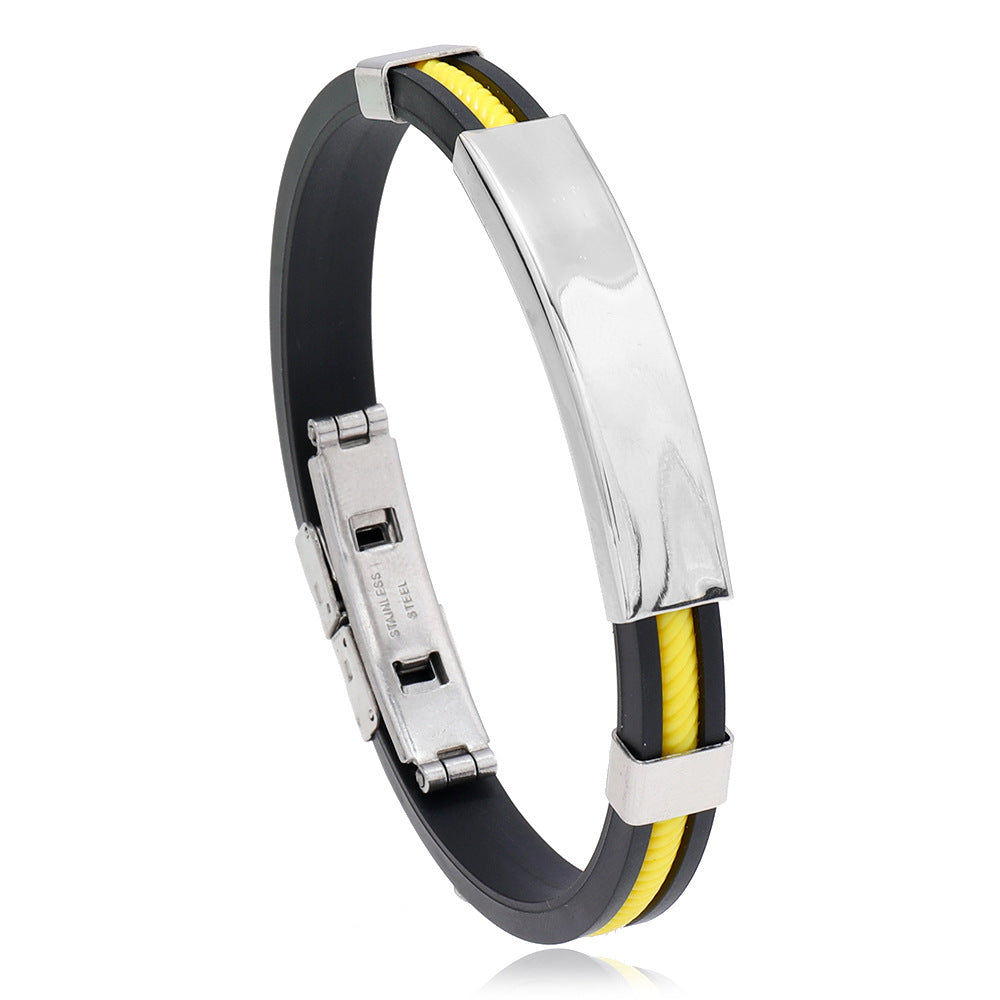 Titanium Steel Silicone Bracelet Stainless Steel Product information: Treatment Process: Polishing Color: black, blue, white, orange, yellow Material: Stainless steel Shape: Geometry Size: about 21CM long (including buckle) adjustable glue width 0.8CM thi