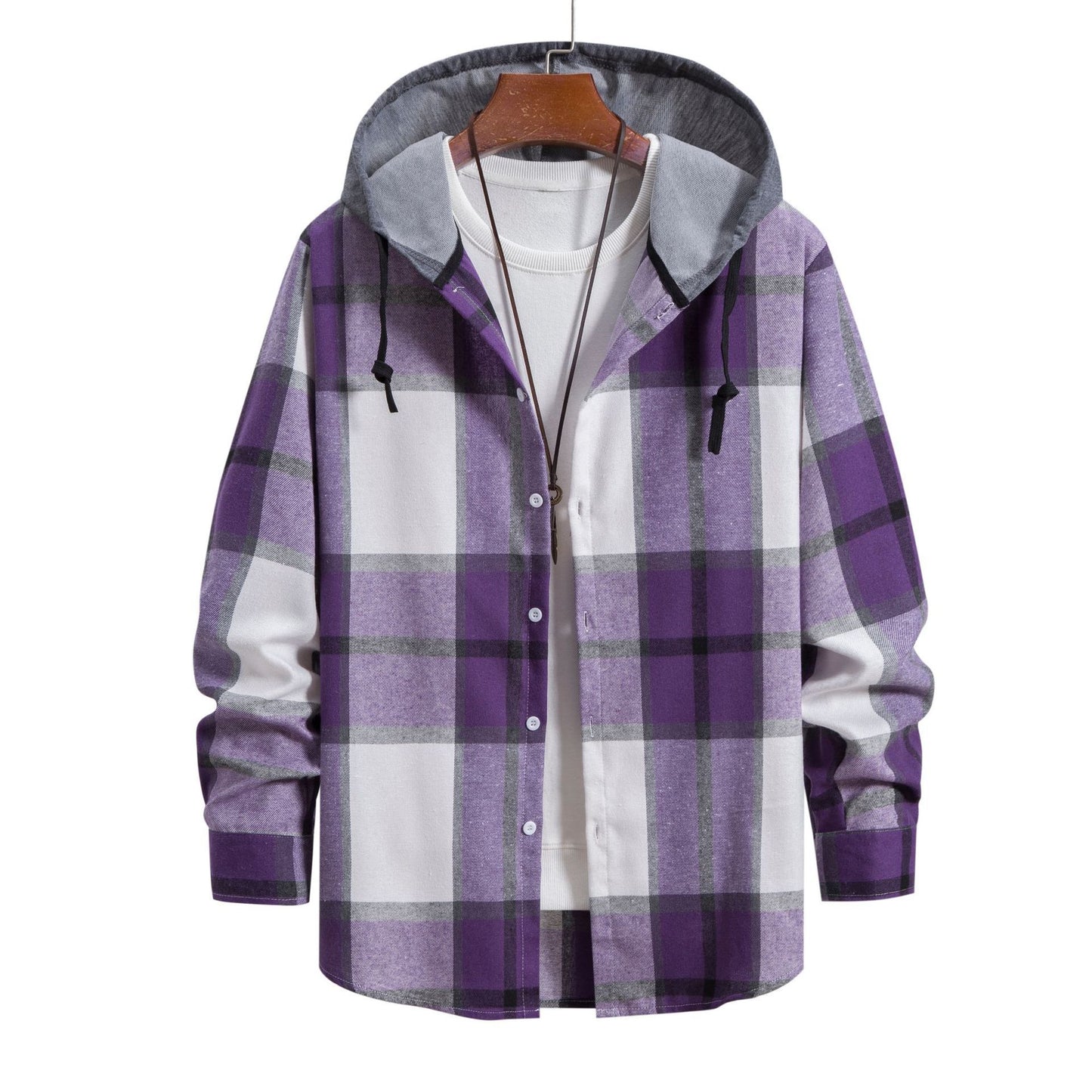 Korean Style Trendy Hooded Shirt Casual Men's Clothing Product information: Pattern: Plaid Color: green, pink, purple, khaki, navy blue Size: S,M,L,XL,2XL,3XL,4XL,5XL,6XL Style: Cardigan Fabric name: Chemical Fiber blend Style: Korean style Process: non-i