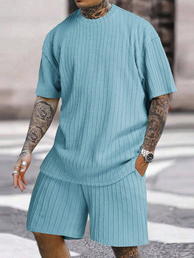 Men's Sports Round Neck Pullover Vertical Pattern Two-piece Set Product information: Color: black, white, Milky White, Milky White, pink, khaki, purple, dark coffee, green, orange, navy blue, blue Top sleeve length: short sleeve Pants length: Shorts Size: