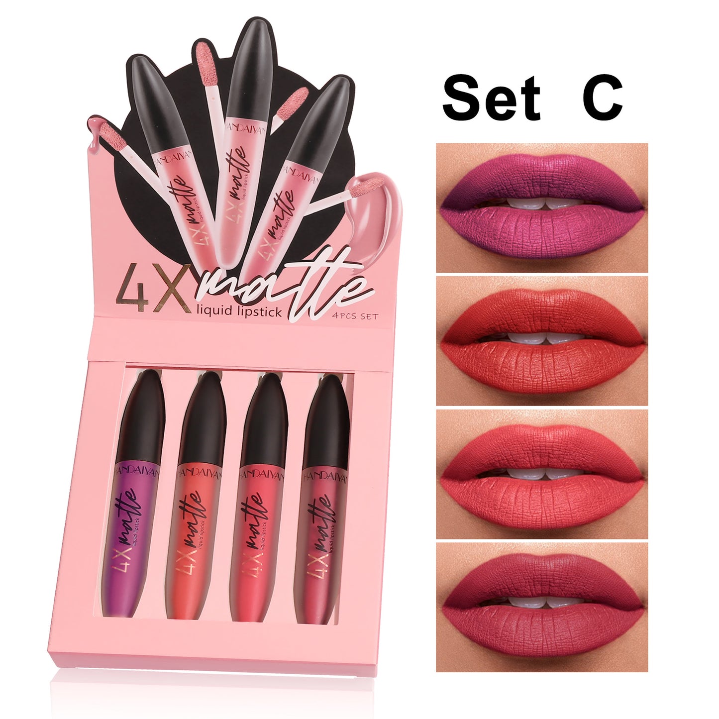 Four Times Matte Lip Gloss Suit Fog Surface Lasting Product information: Efficacy: durable, improve skin color, nonstick Cup Color: four times matte A, four times Matte B, four times matte C Style: Suit Type: Lipstick Packing list: Lipstick X4pcs Product