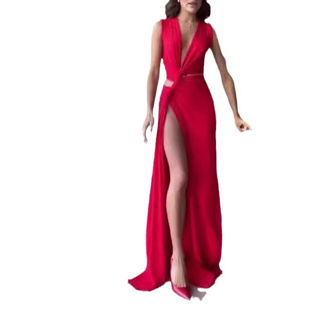 Women's Low-cut V-neck High Slit Hot Girl Dress Product information: Skirt type: A- line skirt Color: red Waist Type: Mid waist Size: XS,S,M,L,XL,XXL,XXXL Skirt length: long skirt Popular elements: Folding Style: pullover Main fabric composition: Polyeste