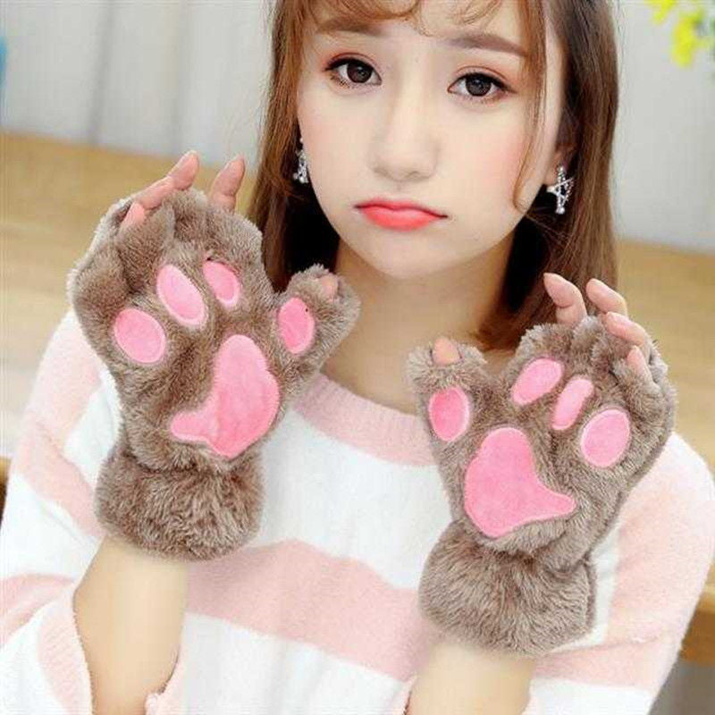 Women's Gloves Winter Student Autumn And Winter Warm With Velvet Product information: Mode: Cartoon Color: S2 beige brown palm, S2 White pink palm, S2 gray Pink Palm, S2 Black Pink Palm, S2 khaki pink palm, S2 pink white palm Processing Method: embossing