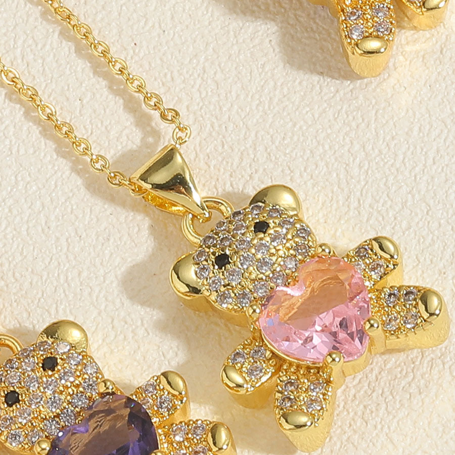 Copper Micro Inlaid Zircon Bear Love Gem Necklace Product information: Treatment Process: Electroplating Color: green, red, sapphire blue, white, purple, pink Applicable population: Female Material: Copper Modeling: animal/Zodiac Popular elements: Bear Pe