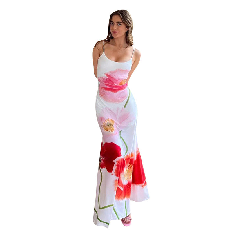 Spring Women's Sling Backless Flower Print Dress Product information: Pattern: Flowers Skirt type: A- line skirt Color: White Waist Type: Mid waist Size: S,M,L Style type: street fashion Skirt length: long skirt Popular elements: no back Style: Sling styl