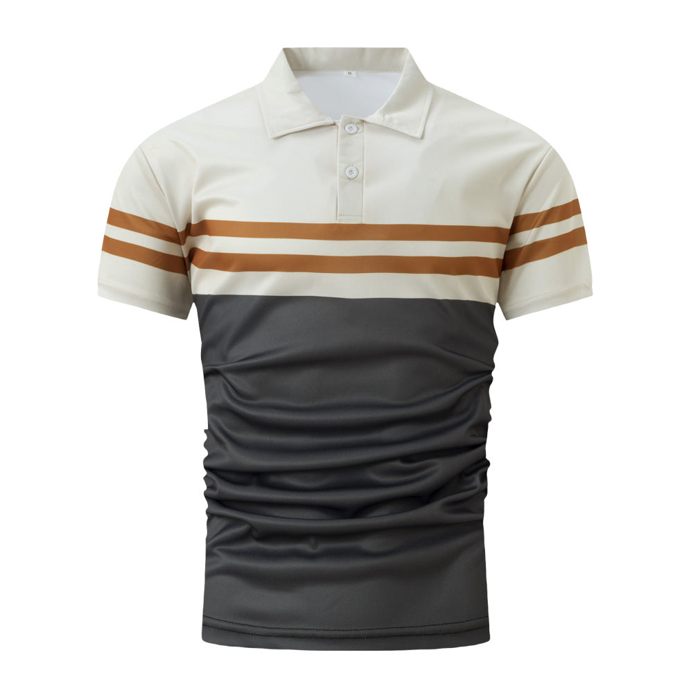 Striped Printed Men's Casual Polo Shirt Product information: Pattern: stripes Fabric name: Bird eye cloth Applicable scenario: Travel Color: black, khaki, light brown, navy blue Main fabric composition: Polyester Fiber (polyester) Size: S,M,L,XL,XXL,XXXL