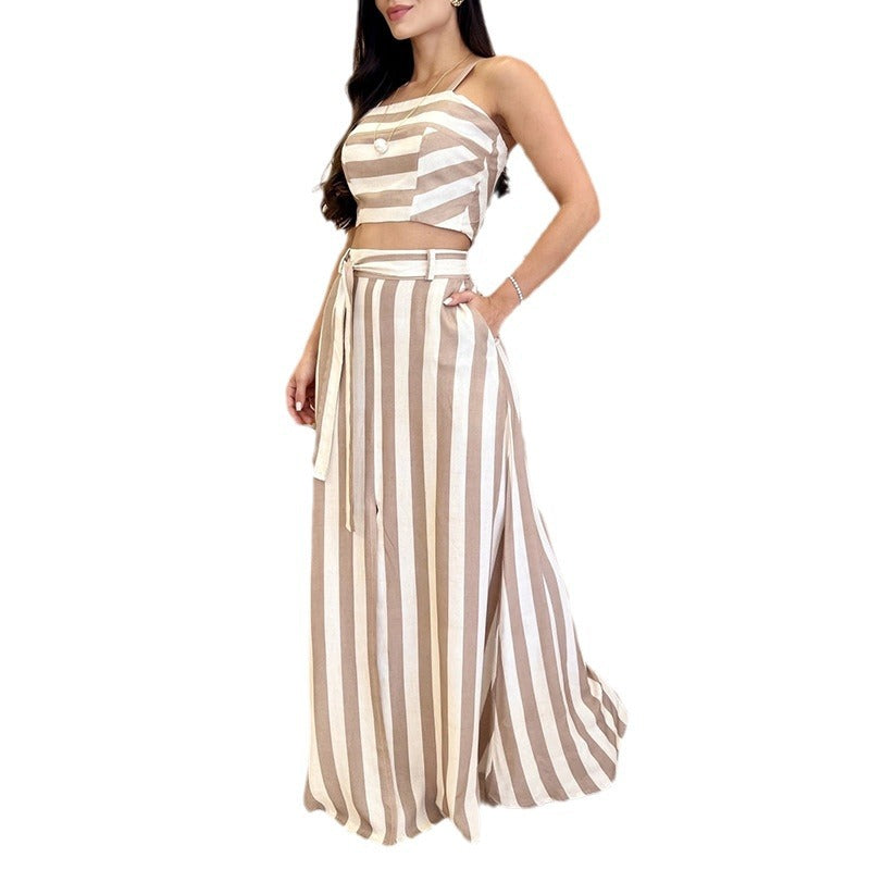 Striped Print Younger Skirt Suit Women Product information: Pattern: stripes/Plaid Color: Camel, Blue Main fabric composition: Polyester (polyester fiber) Size: S,M,L,XL,XXL Applicable Gender: Female Skirt length: long skirt Sleeve length: sleeveless Popu