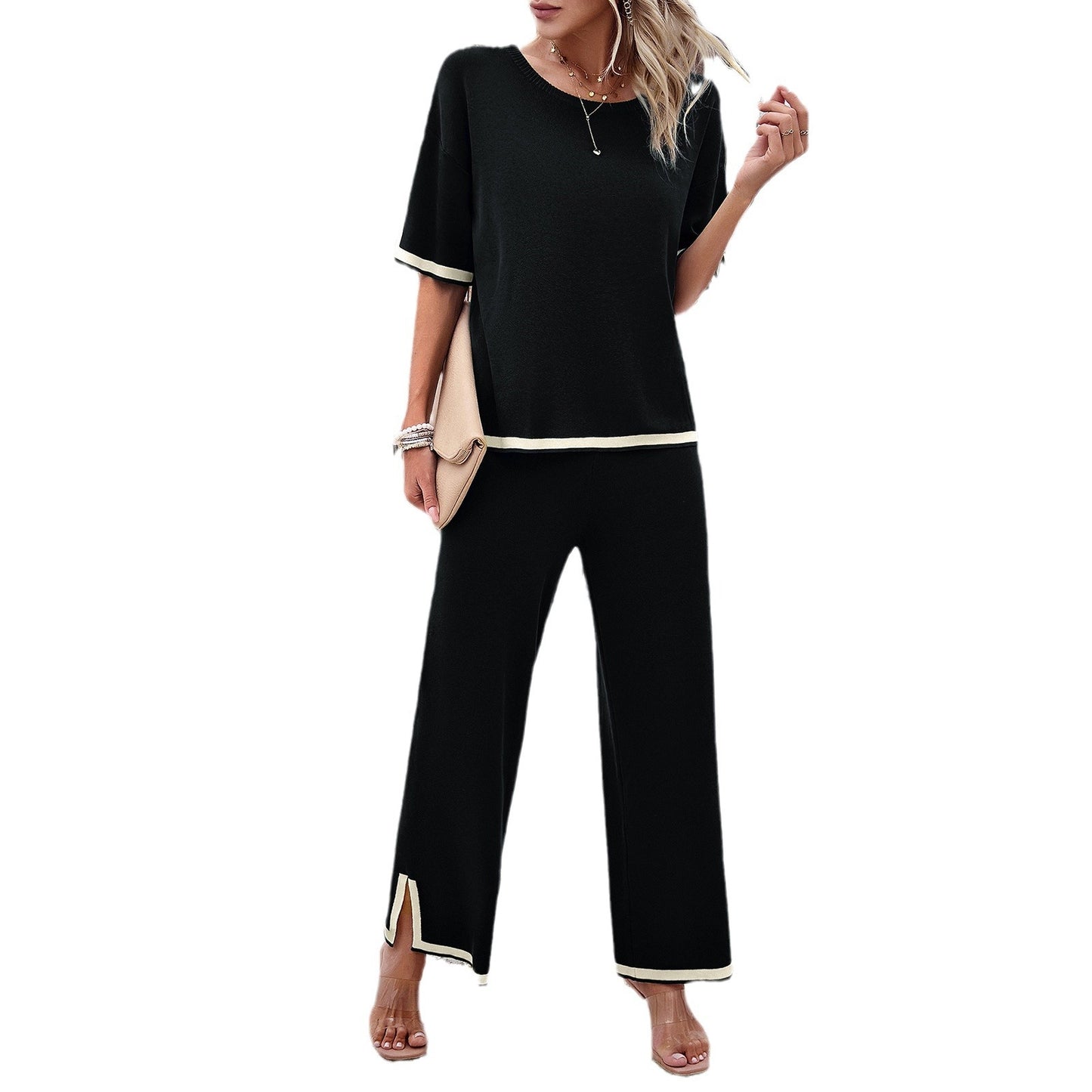 Women's Fashion Temperament Leisure Short Sleeve Knitting Suit Product information: Fabric name: Tencel Color: black, blue, green, apricot, Brown Main fabric composition: Polyester (polyester fiber) Size: S,M,L,XL Applicable Gender: Female Size: Note: 1.
