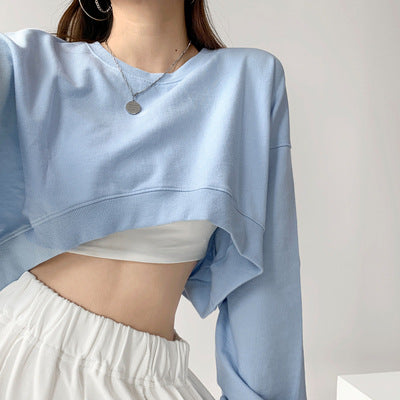 Short Sweater Women's Solid Color Loose Round Neck Product information: Pattern: solid color Color: white, black, sky blue Size: M,L,XL,2XL Version: Loose Style type: Japanese and Korean casual Popular elements: exposed navel Style: pullover Thickness: me