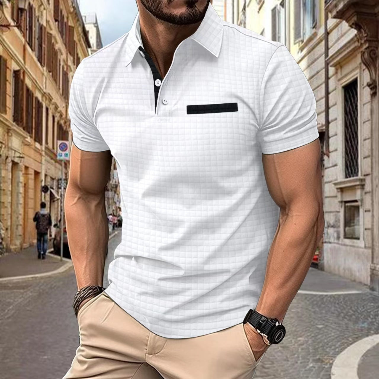 Button Jacquard Plaid Men's Sports Polo Shirt Men Product information: Pattern: Plaid Color: black, light gray, orange, navy blue, dark gray, white Details of clothing style: Slit Size: S,M,L,XL,XXL,XXXL Version: Loose Applicable scenarios: Leisure Main f