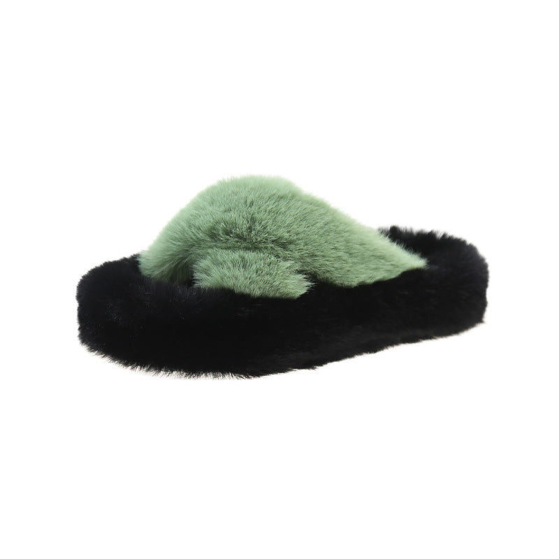 Thick Bottom Cross Plus Size Slippers Women's Home Product information: Color: Milky White, black, pink, khaki, Green Heel height: 4CM Size: 35, 36, 37, 38, 39, 40, 41, 42 Thickness: thickening Shoe Upper material: Plush Applicable group type: Couple Appl