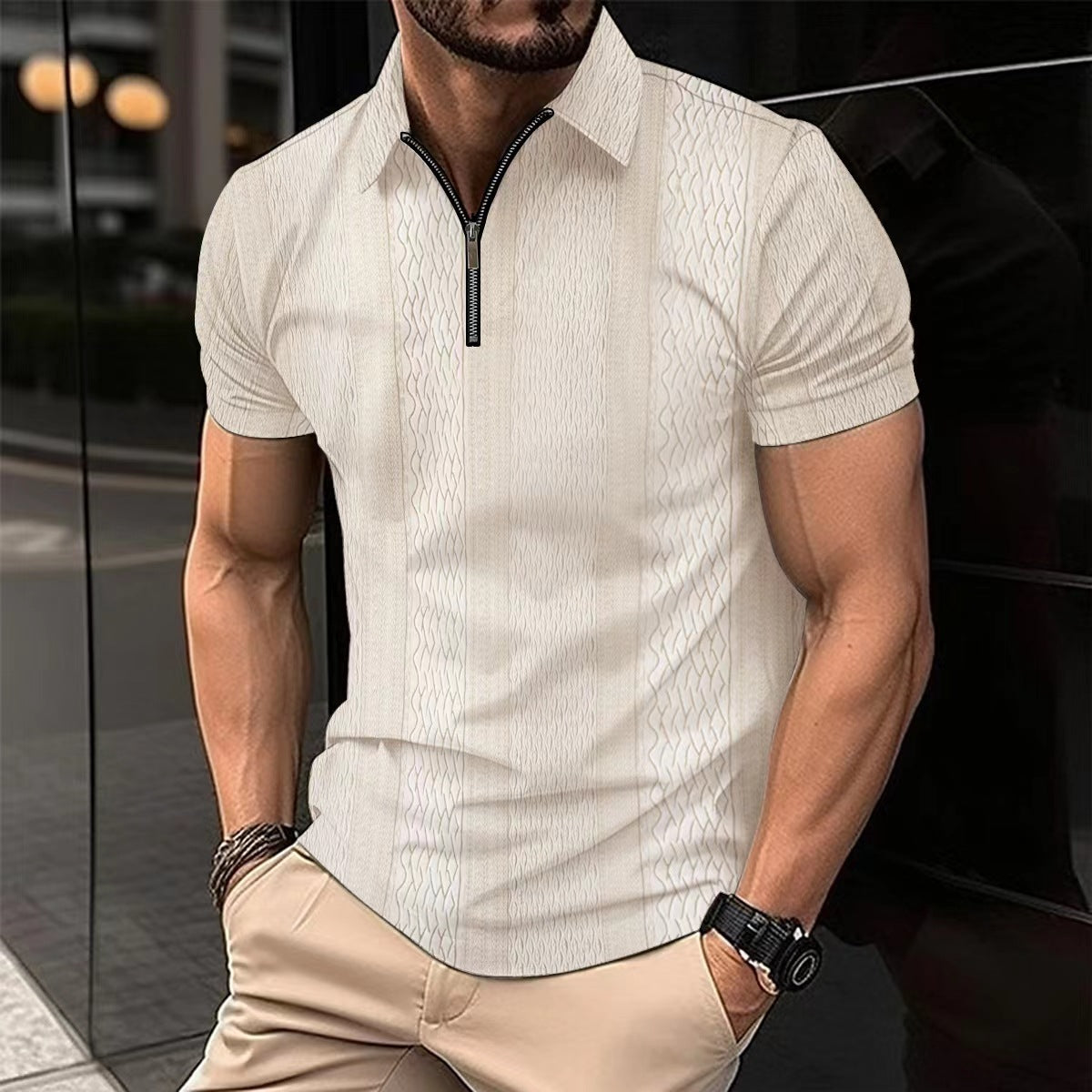 Men's Printing Lapel Button Polo Shirt Product information: Pattern: stripes Color: pink, white, black, brown, khaki Size: S,M,L,XL,XXL,XXXL Style: slim fit Applicable scenarios: Leisure Main fabric composition: Polyester Fiber (polyester) Style: British