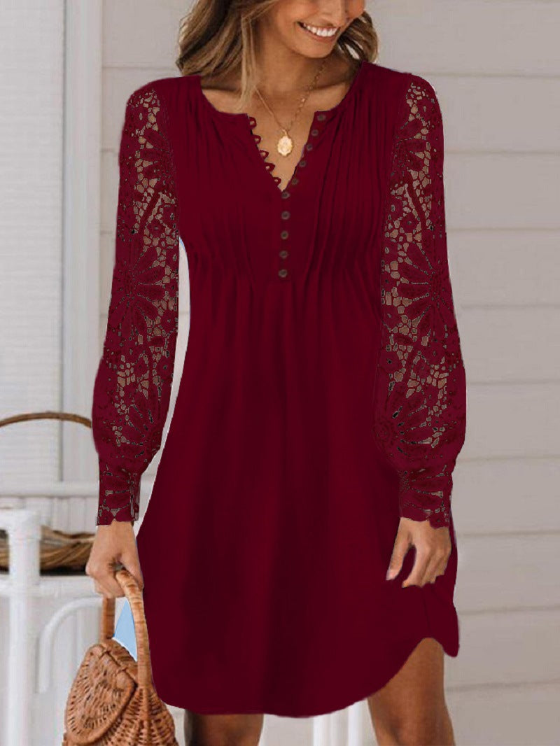 Women's Fashionable Elegant Lace Long Sleeve Dress Product information: Pattern: solid color Color: white, black, wine red Size: S,M,L,XL,XXL,XXXL,4XL,5XL Style type: temperament commute Popular elements: lace Fabric name: Polyester Main fabric compositio