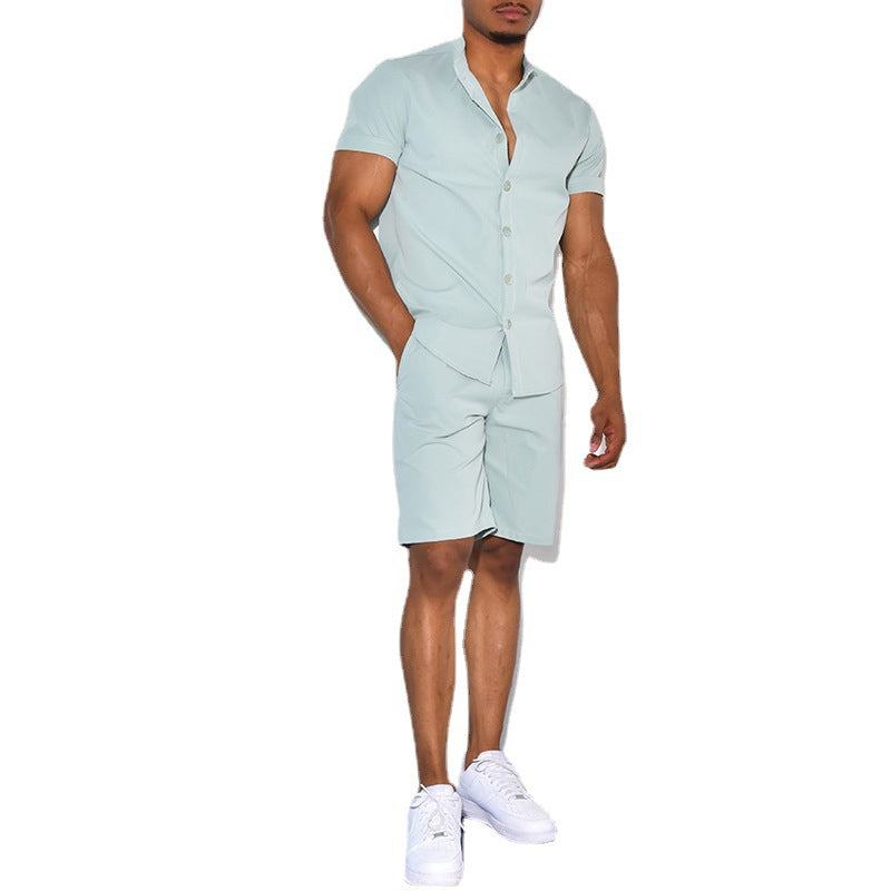 Shirt Short Sleeve Two-piece Suit For Men Product information: Color: white, khaki, light blue Top sleeve length: short sleeve Pants length: Shorts Size: S,M,L,XL,XXL,XXXL Main fabric composition: Polyester Fiber (polyester) Note: 1. Asian sizes are 1 to