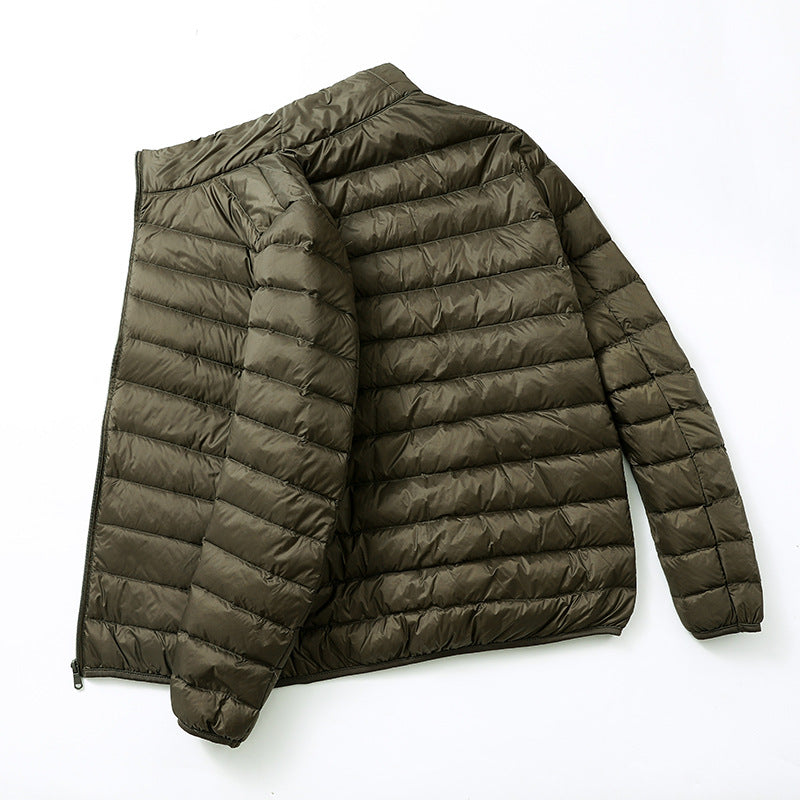 Men's Stand Collar Short Hood Plus Size Lightweight Down Jacket Product information: Color: black, wine red, navy blue, gray, sapphire blue, Army Green Size: M,L,XL,2XL,3XL,4XL,5XL Thickness: thin Fabric name: Polyester Fiber Main fabric composition: acry