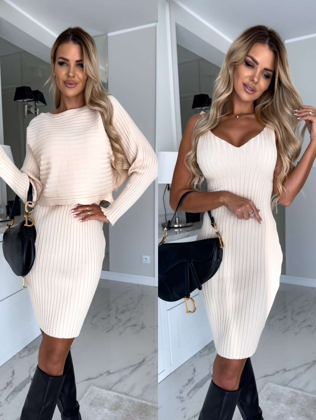 2pcs Suit Women's Solid Stripe Long-sleeved Top And Tight Suspender Skirt Fashion Autumn Winter Slim Clothing Overview: Unique design, stylish and beautiful. Good material, comfortable wear. A variety of colors, any choice. Product information: Size: S,M,