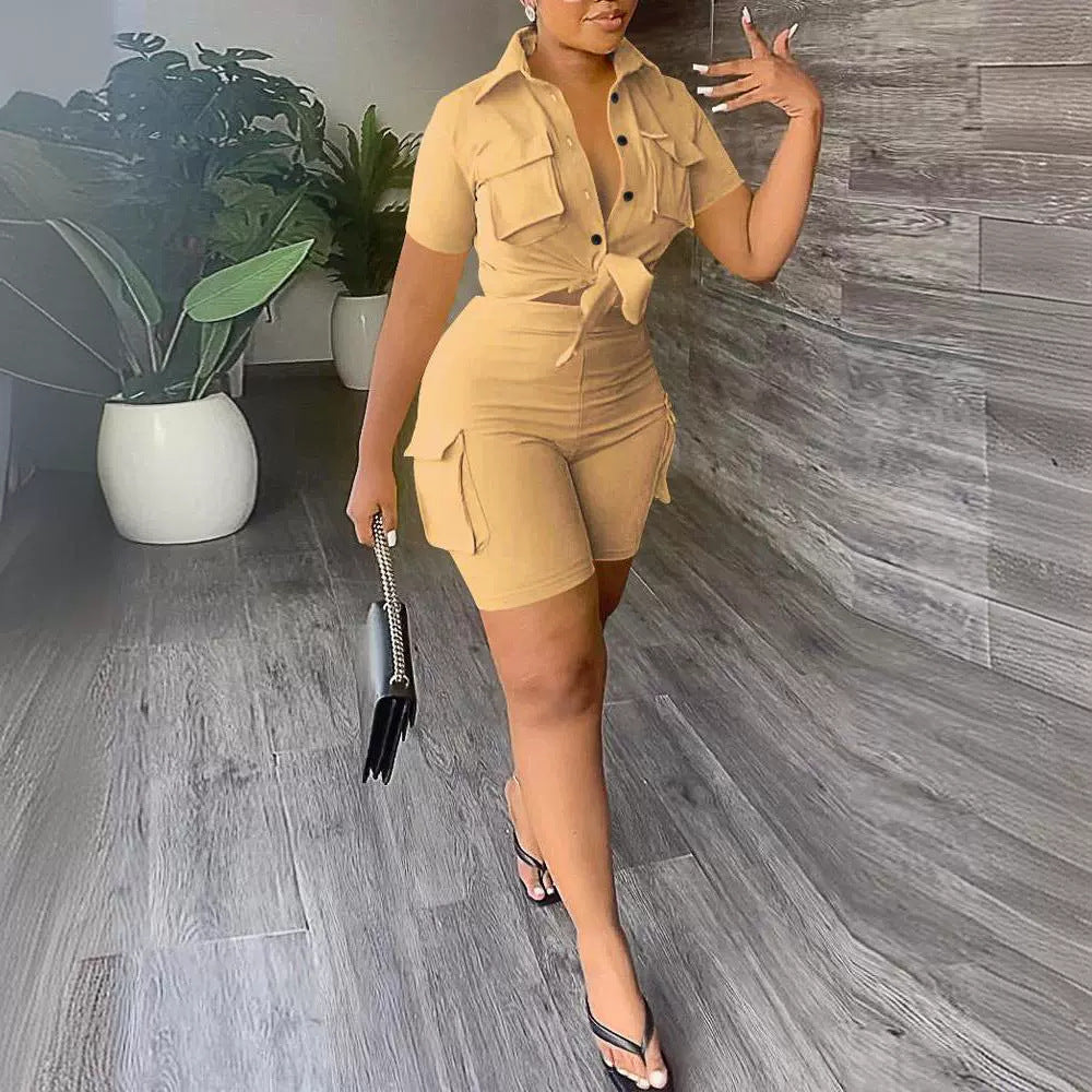 Women's Clothing Urban Style Shirt Short Sleeve Two-piece Set Product information: Fabric name: Polyester Color: khaki Size: S,M,L,XL Style type: Street hipster Sleeve length: three-quarter sleeve Popular elements: Painted Style: European and American sty