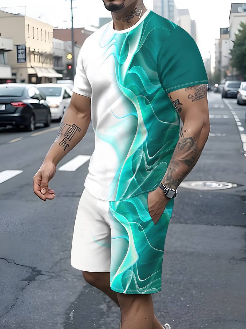 New SuitTrendy Pattern 3D Printed T-shirt Product information: Thickness: thin Fabric name: Polyester Fiber Applicable scenario: Sports Color: B01050418,B01050419,B01050420,B01050421 Top sleeve length: short sleeve Pants length: Shorts Main fabric composi