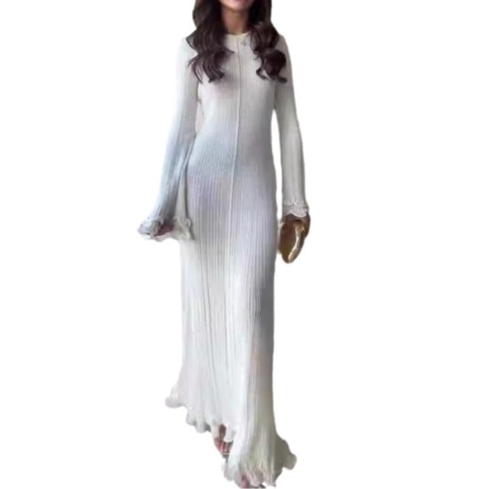 Autumn Crew Neck Bell Sleeve Slim Fit Elegant Dress Product information: Pattern: solid color Skirt type: A- line skirt Color: White Waist Type: Mid waist Size: XS,S,M,L,XL,XXL,XXXL Skirt length: long skirt Main fabric composition: Polyester (polyester fi