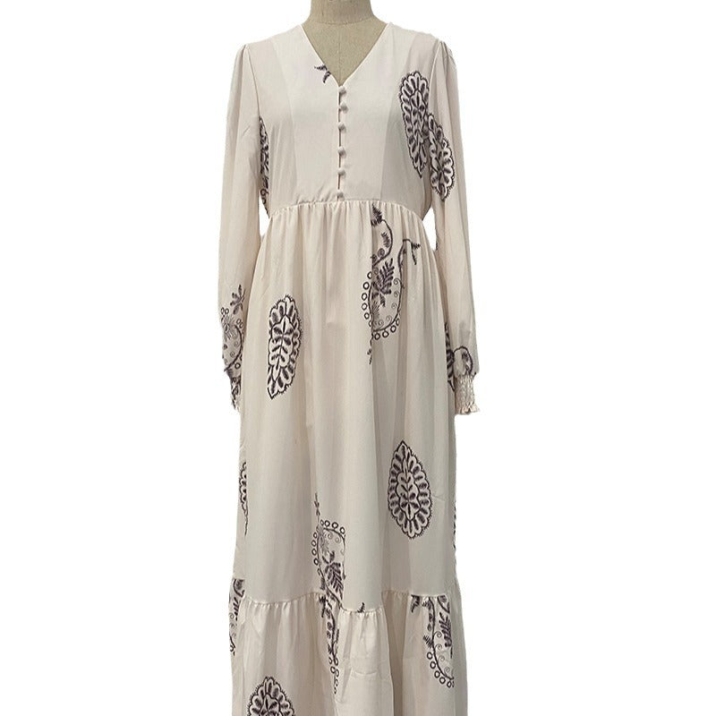 Female Pattern Printed V-neck Dress Product information: Pattern: plants and flowers Skirt type: pleated skirt Color: Milky White Size: S,M,L,XL,XXL Skirt length: long skirt Style: pullover Main fabric composition: Polyester (polyester fiber) Skirt Catego