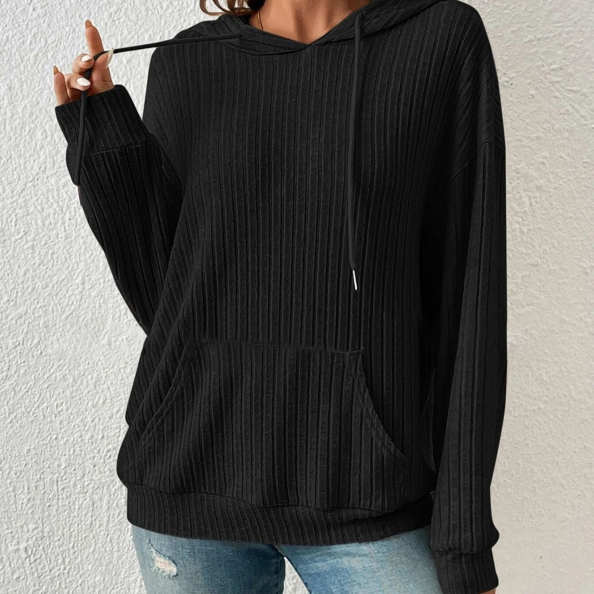Women's Knitwear Hooded Sunken Stripe Kangaroo Pocket Sweatshirt Product information: Pattern: solid color Color: apricot, green, black, gray Size: S,M,L,XL,XXL Style: pullover Main fabric composition: Polyester (polyester fiber) Length: normal (50cm Appl