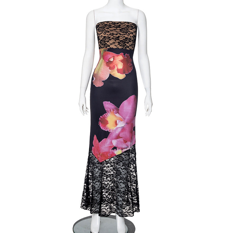 Women's Lace Stitching Printing High Waist Sleeveless Dress Product information: Pattern: plants and flowers Skirt type: patchwork skirt Color: Black Waist type: high waist Size: S,M,L Style: pullover Main fabric composition: Polyester (polyester fiber) S