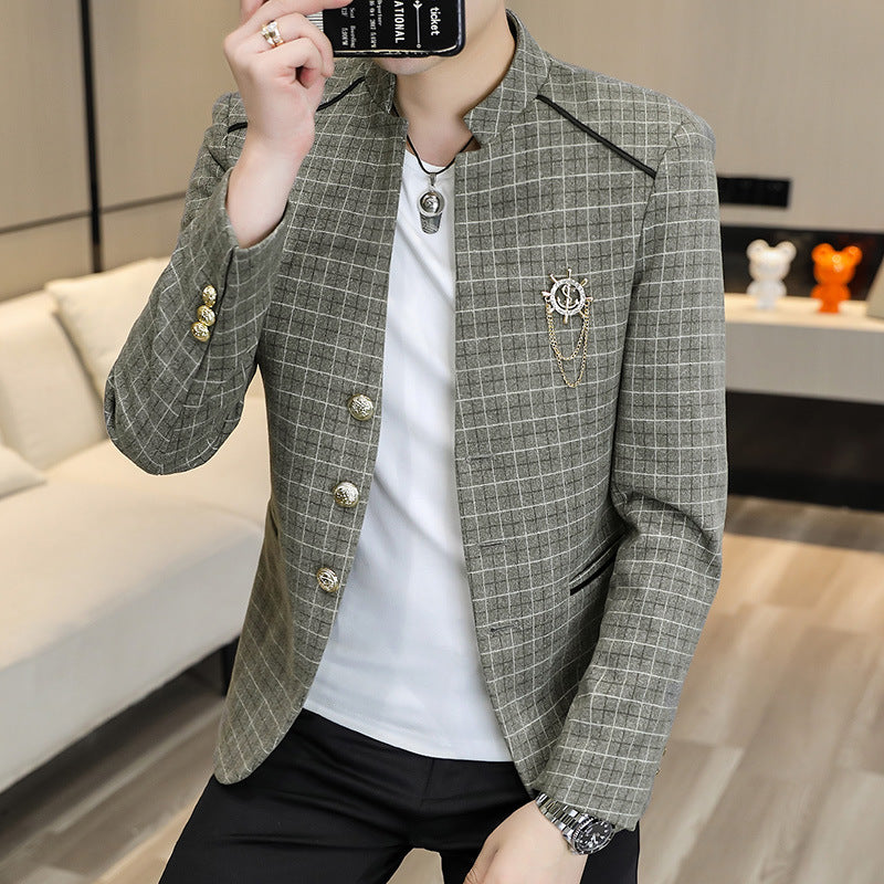 Men's Suit Leisure Suit Trendy Coat Men Product information: Pattern: Plaid Pocket Style: bag cover seam pocket Color: brown/gray/khaki/light green Size: M/L/XL/XXL/3XL/4XL Style: slim fit Lining composition: Polyester Fiber (polyester) Applicable scenari