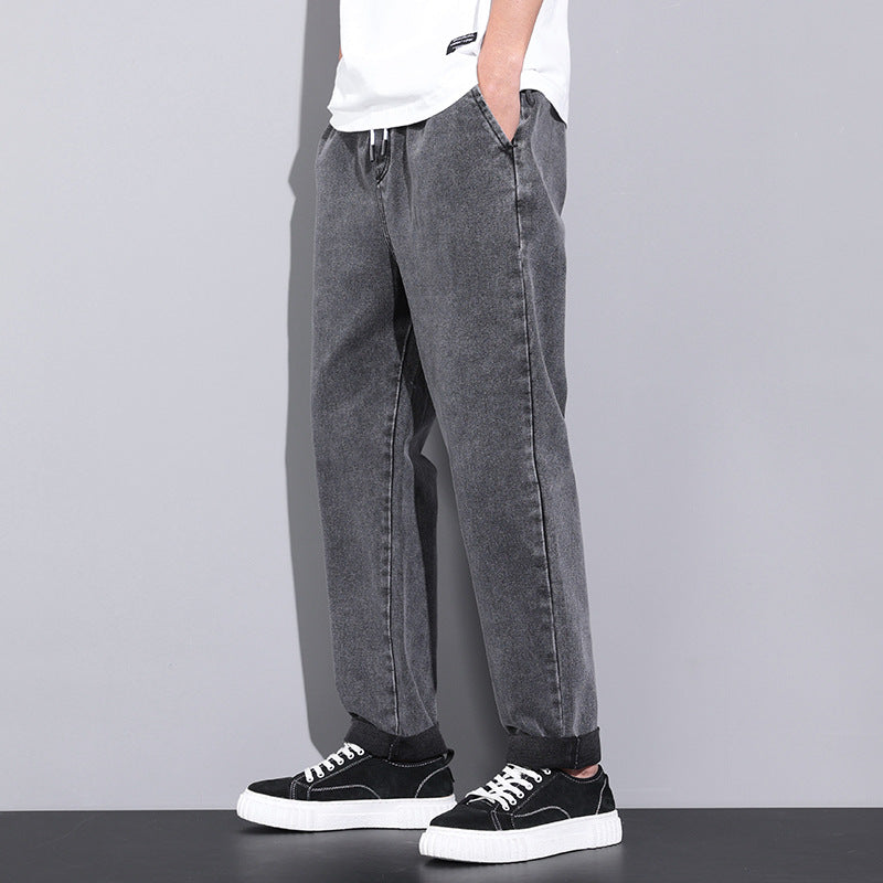 Summer Loose Wide Leg Jeans Pants Men Fashion Drawstring Elasticated Straight Trousers Overview: Unique design, stylish and beautiful. Good material, comfortable wear. A variety of colors, any choice. Product information: Style: straight-leg pants Fabric