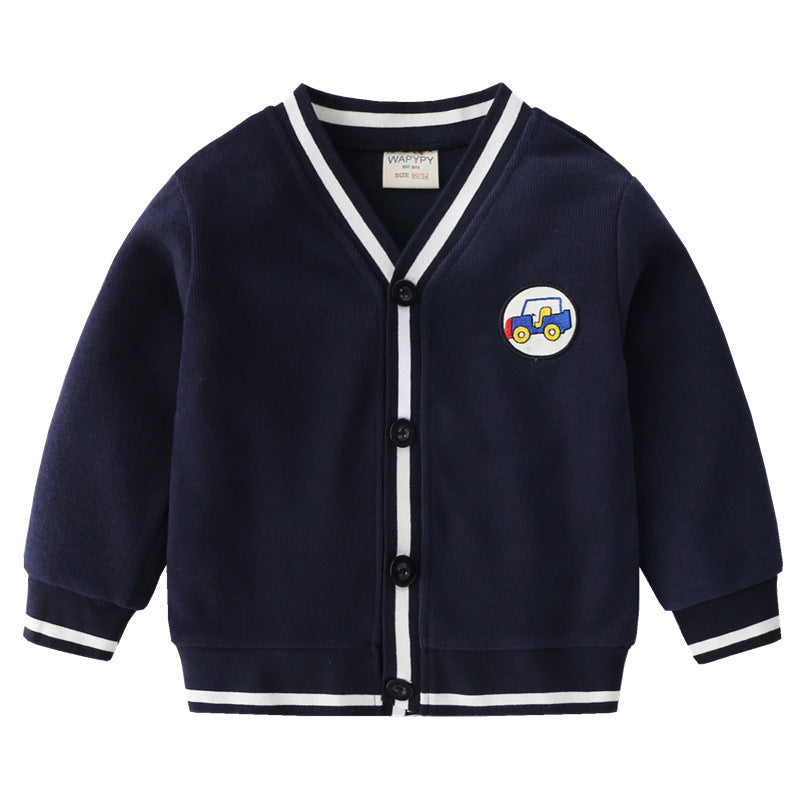 Boy's Hoody V-neck Small Cardigan Coat Product information: Pattern: Cartoon Color: deep navy blue, beige Applicable height: 90cm,100cm,110cm,120cm,130cm,140cm Fabric name: cotton blend Closed style: single-breasted Applicable Gender: Male Element: Fashio