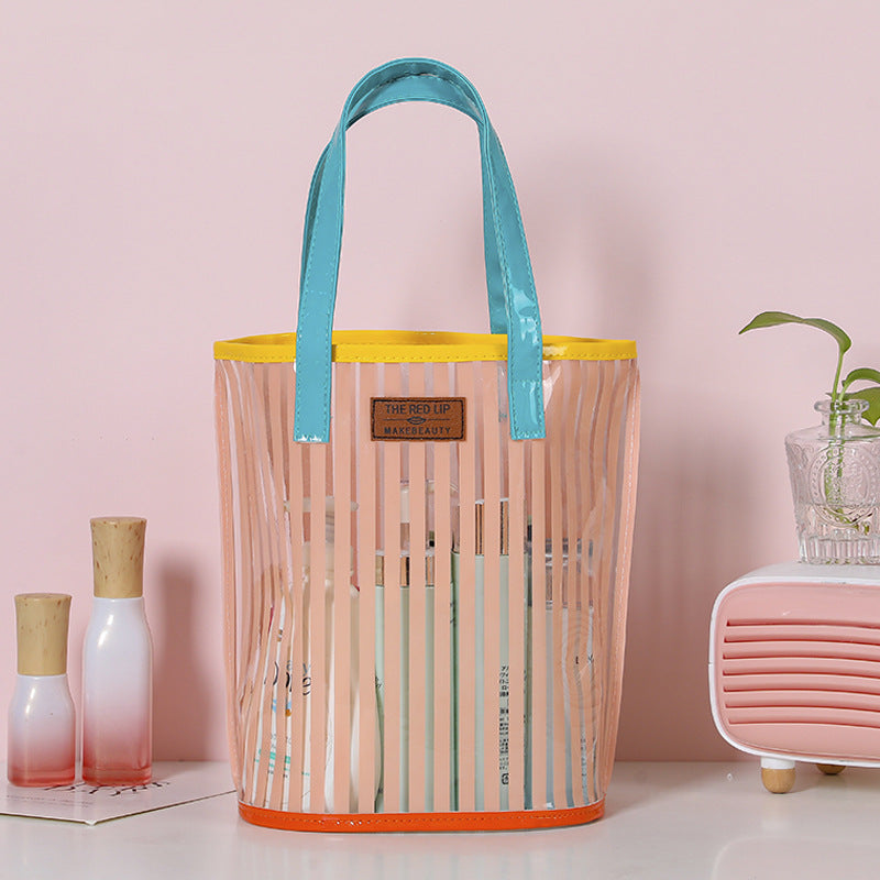 Striped Handbag Wash Bag Girl Heart Transparent Portable Large Capacity Product information: Applicable scenarios: Travel storage, makeup storage Color: white, green, black, orange Scope of Application: sprinkling Xi travel Function: Car Material: PVC Sty
