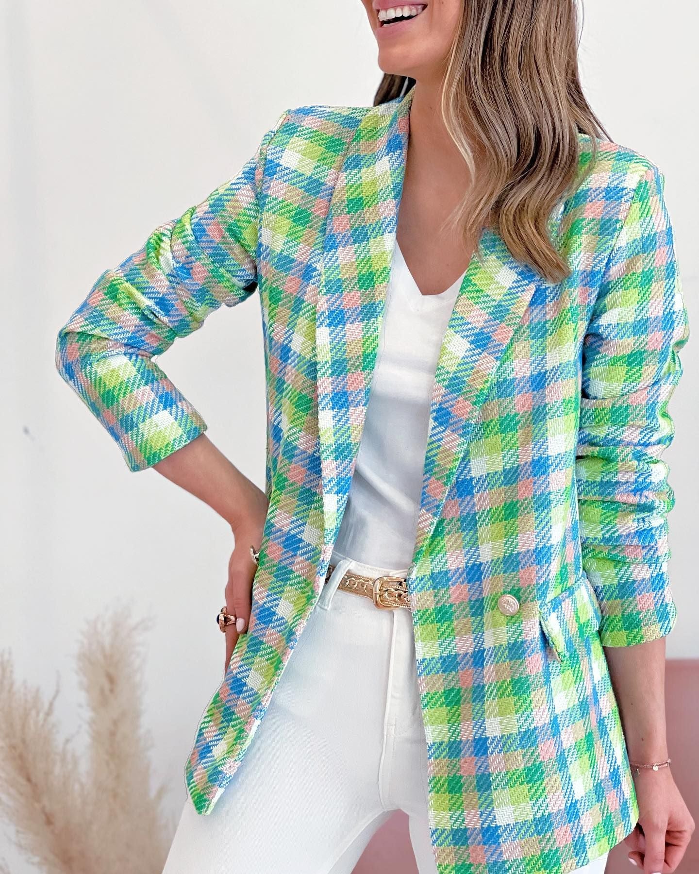 European And American Plaid Printed Long Sleeve Pocket Two Buttons Casual Suit Jacket Product information: Pattern: Printing Color: purplish red, pink, yellow green, blue Size: S,M,L,XL,XXL Version: Regular Style type: temperament commute Popular elements