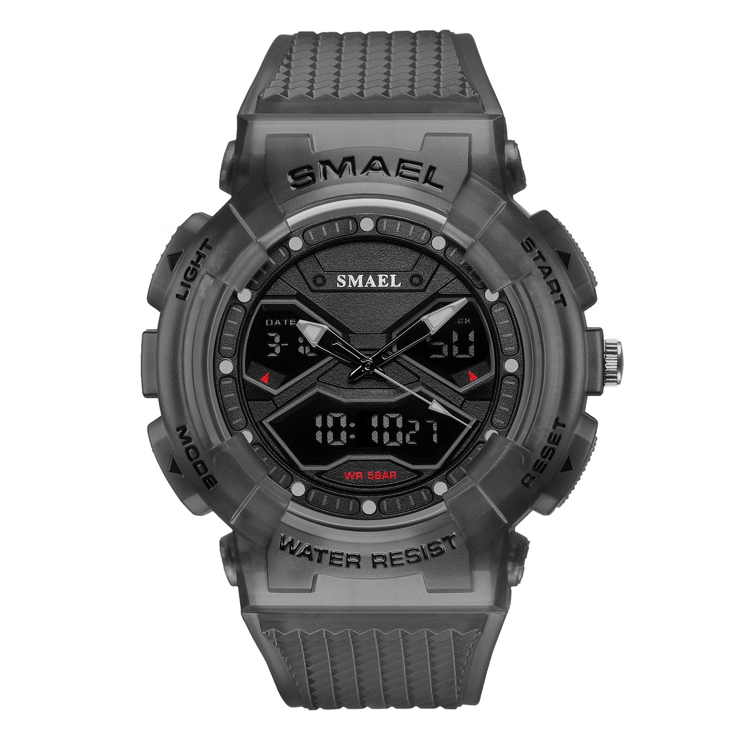 Double Display Digital Electronic Watch Men Product information: Color: Black Gold, black silver, green, transparent gray orange, red, fluorescent green, white and rose gold, transparent Gray Dial diameter: 53mm Mirror material: organic glass mirror Strap