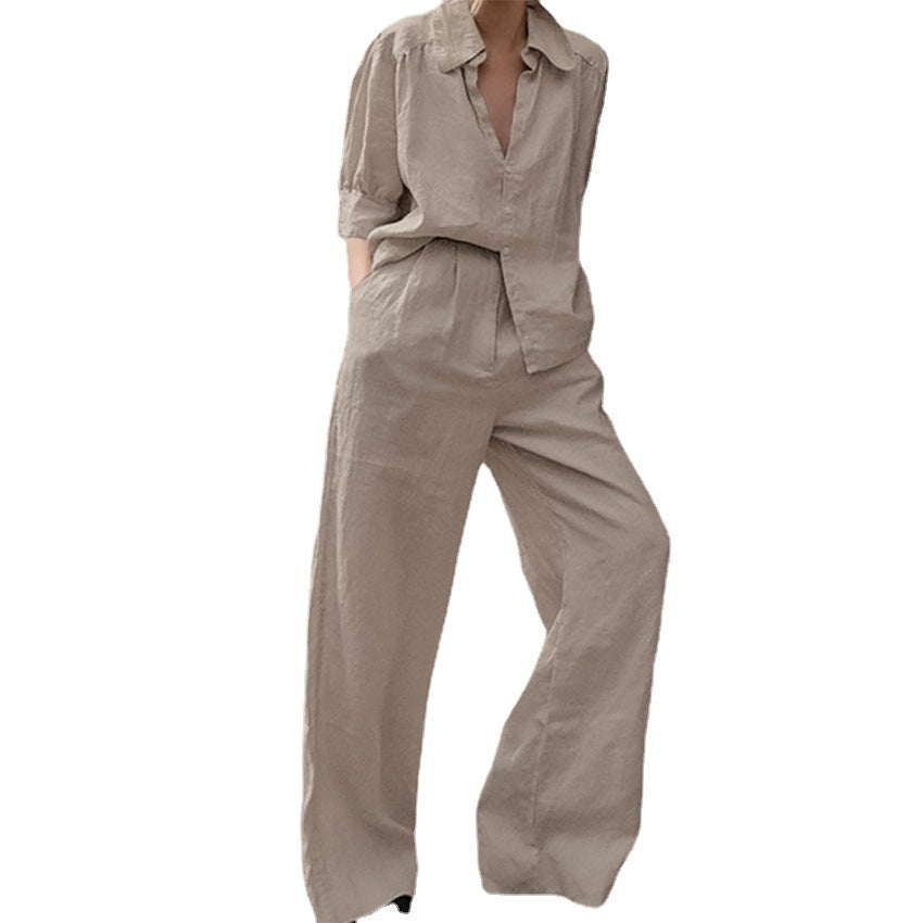 Loose And Comfortable Shirt Long Sleeve Wide-leg Pants Two-piece Set Product information: Color: khaki Sleeve type: regular sleeve Main fabric composition: Polyester Size: S,M,L Applicable Gender: Female Sleeve length: long sleeve Note: 1. Asian sizes are