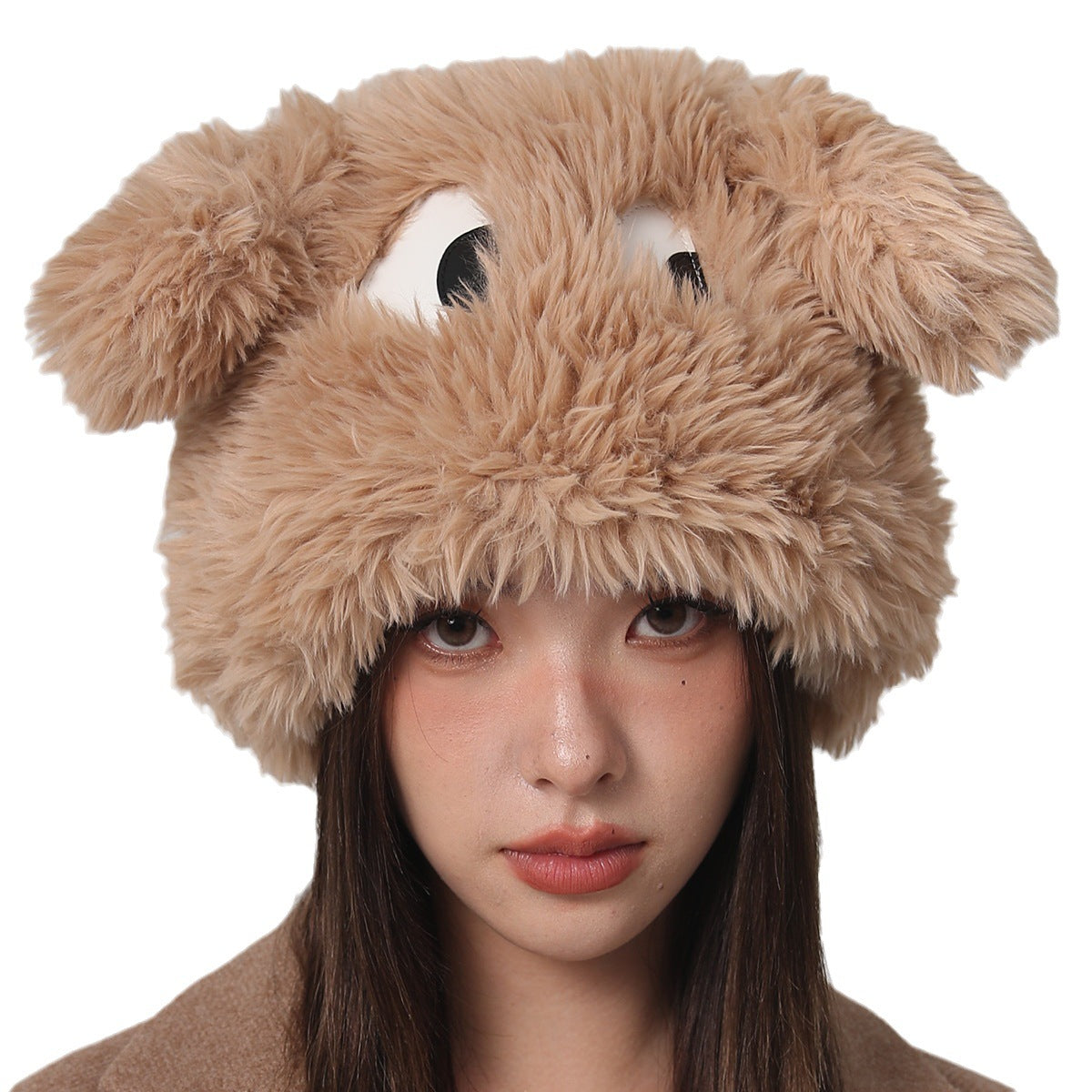 Ear Hat Cute Cartoon Eyes Warm Plush Hat Product information: Fabric name: acrylic Color: black, white, khaki, blue, beige Crown style: Dome Main fabric composition: acrylic fiber Size: free size Function: keep warm Packing list: 1*Hat Product Image: Ear