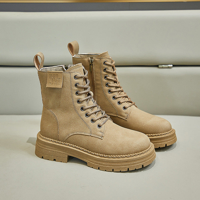 Student Lace-up Motorcycle Boots Product information: Color: yellow brown, black, khaki Heel height: mid heel (3-5CM) Size: 35, 36, 37, 38, 39, 40 Sole material: rubber Toe holder shape: round head Shoe Upper material: PU Wearing method: front lace-up Siz