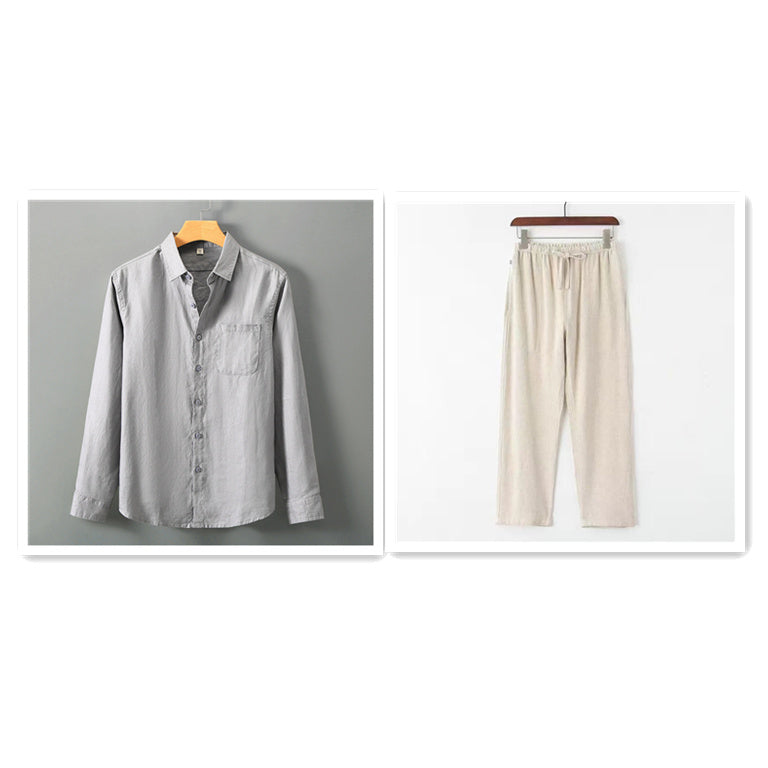 Summer New Casual Linen Shirt Men's Loose Standing Collar Product information: Material:flax Style:leisure time Features:easy Colour:Black top, beige pants Size Information: Size: M/L/XL/XXL/3XL Packing list: Shirt * 1/pants * 1 Product Image: Summer New
