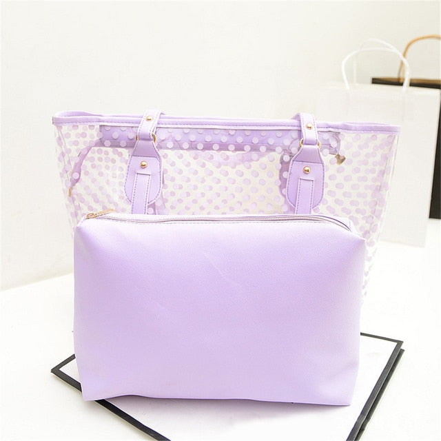 Candy Color Transparent Handbag Elevate your style with our Women's Transparent Handbag - a perfect blend of fashion and function. This candy-colored round dot decorated bag is designed to make a statement, whether you're heading to the beach or strolling