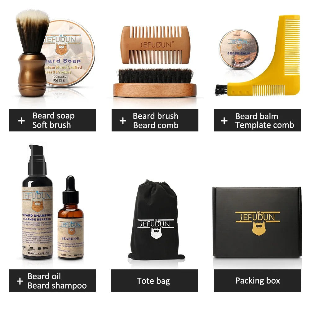 Men Barba Beard Kit Beard Care Set Styling Tool Styling Scissors Beard Oil Comb Moustache Balm Moisturizing Wax Product information: Product Series: Beard Set Shelf life: Three years Net content: 9-piece set (g/ml) Packing list: Whisker soap (100g), soft
