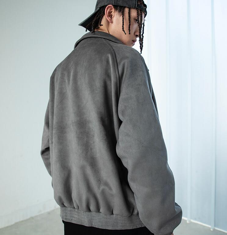 Men Distressed Suede Baseball Loose Jacket Product information: Fabric classification: suede Collar type: Baseball collar Clothing placket: single-breasted Sleeve length: long sleeve Length: short Edition type: Loose Color: gray black Size information: Si
