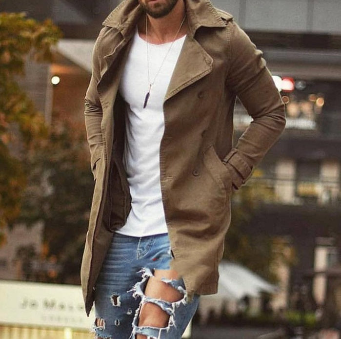 Spring Men Jacket Mid-length Slim Large Size Windbreaker Men Casual Jacket Product information: Material: Cotton and linen Style: Casual Features: Mid-length slim-fit large size windbreaker men's casual jacket Colour: Khaki, Black, Army green, Blue Size I