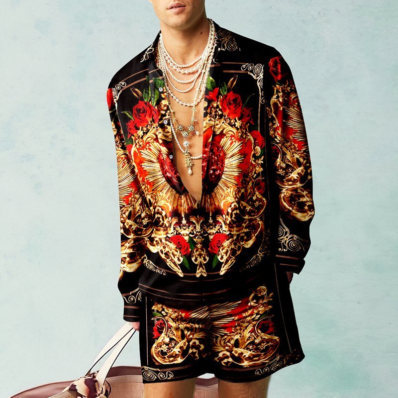 Loose Shirt Casual Men's Shorts Long Sleeve Suit Product information: Material:Polyester Fiber (Polyester) Style:Hong Kong style Features:printing Colour:black Size Information: Size:S/M/L/XL/XXL/3XL Size Shoulde Bust Top Length Waist Hip Length S 45 110