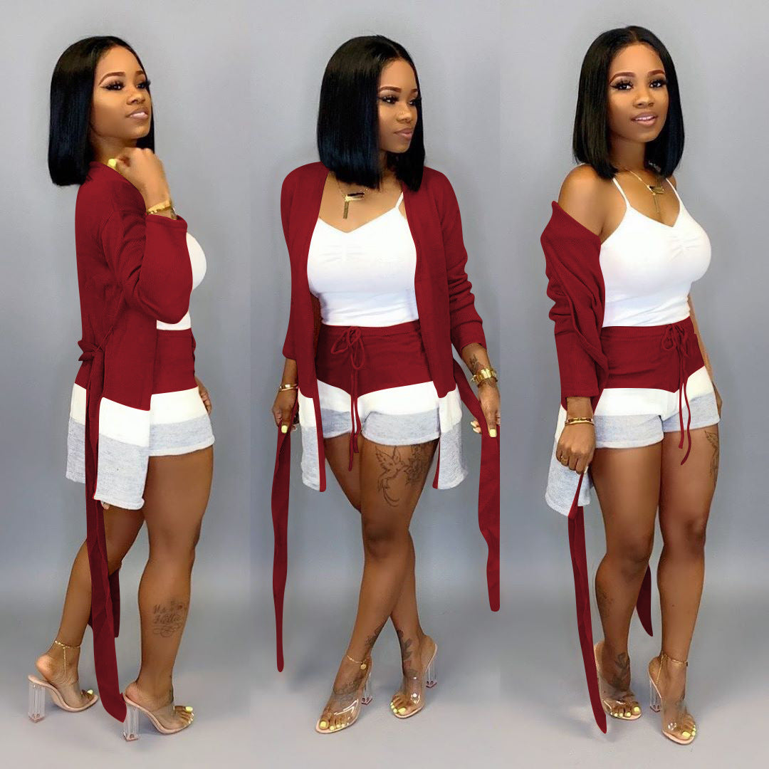 Women's Autumn And Winter Cute Cardigan Shorts Two-piece Set Product information: Style street Style pants set Fabric name PU leather Main fabric composition polyester fiber (polyester) Color Purple, black, wine red, blue, corn yellow, lotus root pink, be