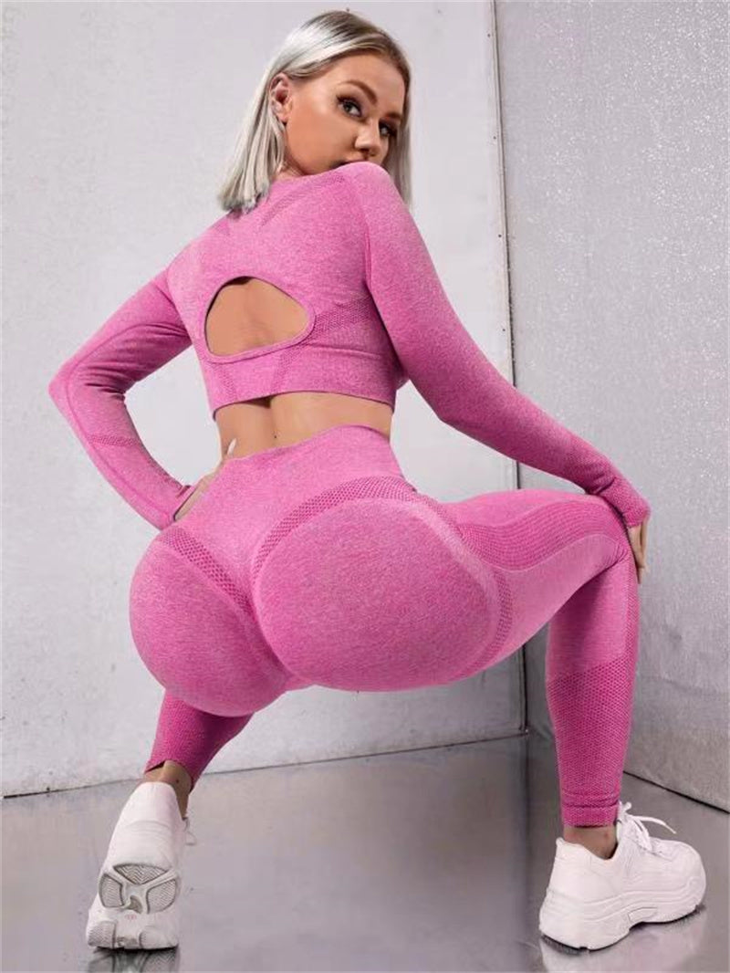 2pcs Sports Suits Long Sleeve Hollow Design Tops And Butt Lifting High Waist Seamless Fitness Leggings Sports Gym Sportswear Outfits Clothing Overview: Unique design, stylish and beautiful. Good material, comfortable wear. A variety of colors, any choice