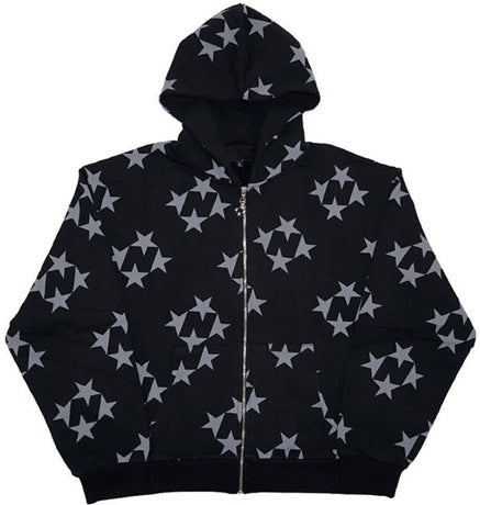 Stars Printed Zipper Hooded Cardigan Couple Fashion Outerwear Hoodies Sweatshirt Street Men Women Coat Product information: Pattern: Printing Fabric name: Polyester Fiber Color: beige, gray, sky blue, black Sleeve type: regular sleeve Main fabric composit