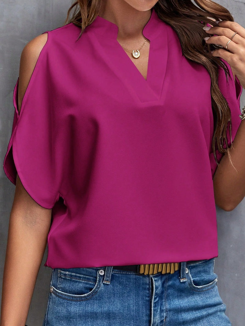 V-neck Graceful And Fashionable Off-the-shoulder Sleeves Women's Top Product information: Fabric name: high density matte broken card Color: white, black, red, orange, pink, rose red, dark green, light purple, blue, purplish red Sleeve type: raglan sleeve