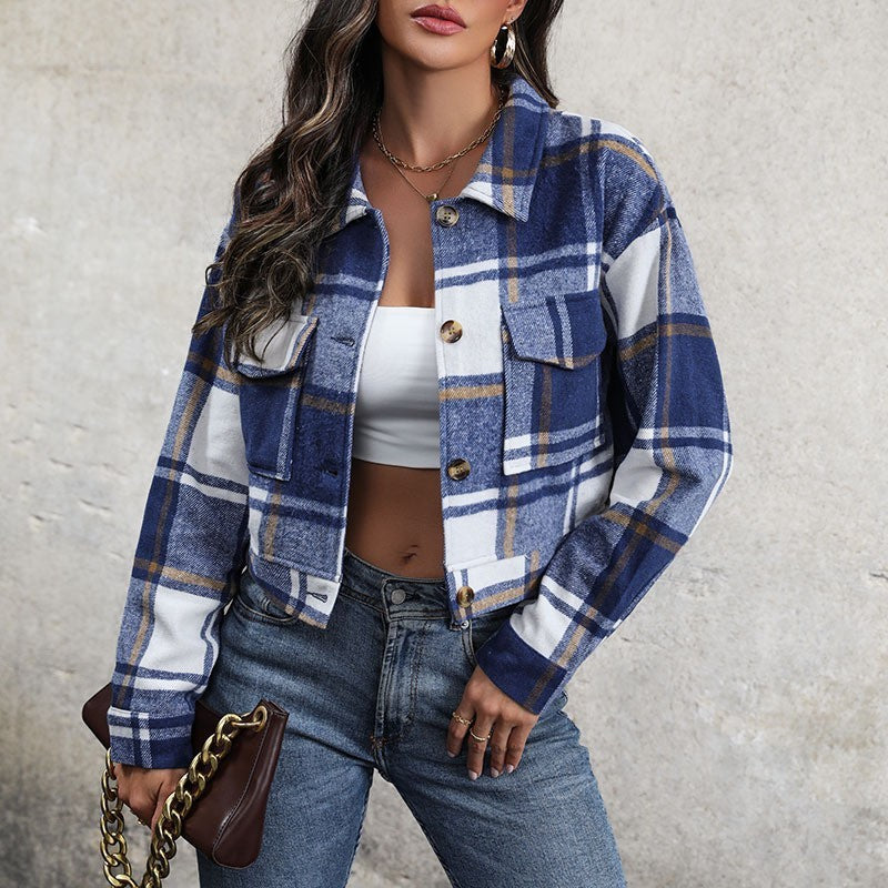 Plaid Lapel Cropped Jacket With Pockets Fashion Button Long Sleeve Short Outwear Tops Coat For Womens Clothing Overview: Unique design, stylish and beautiful. Good material, comfortable wear. A variety of colors, any choice. Product information: Fabric na