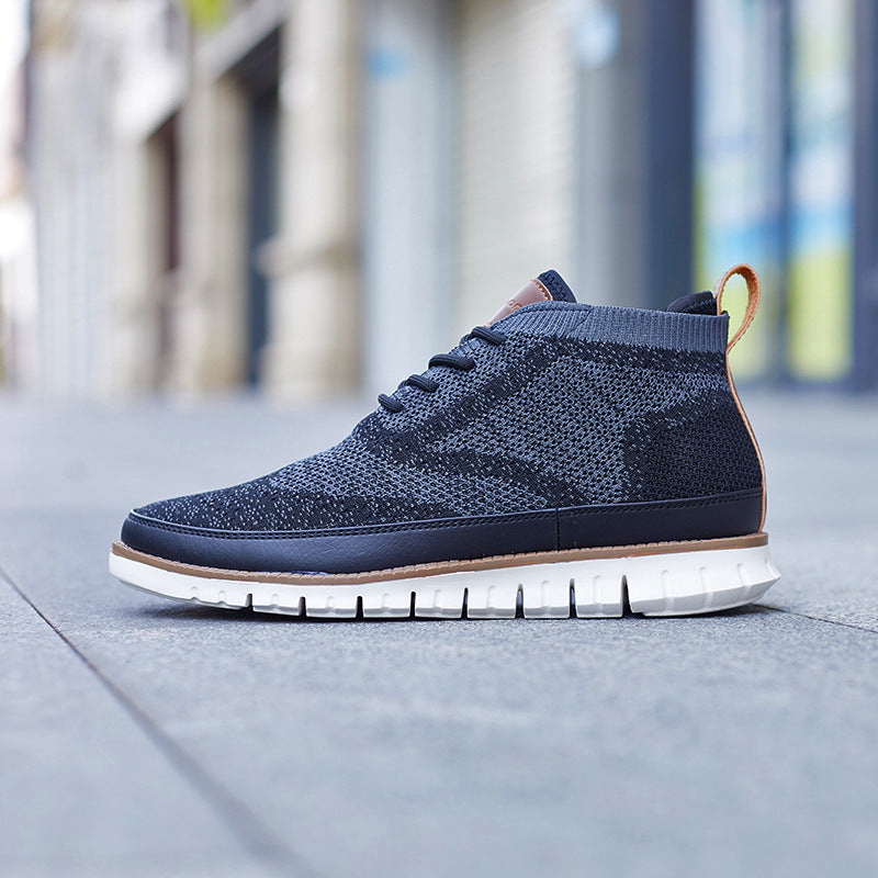 High-top Men's Flying Woven All-match Mesh Casual Shoes Product Details: Product Category: Platform Shoes Opening depth: middle mouth (7-11CM) Popular elements: color matching Applicable gender: male Pattern: Colorblock Upper Material: Mesh Toe shape: rou