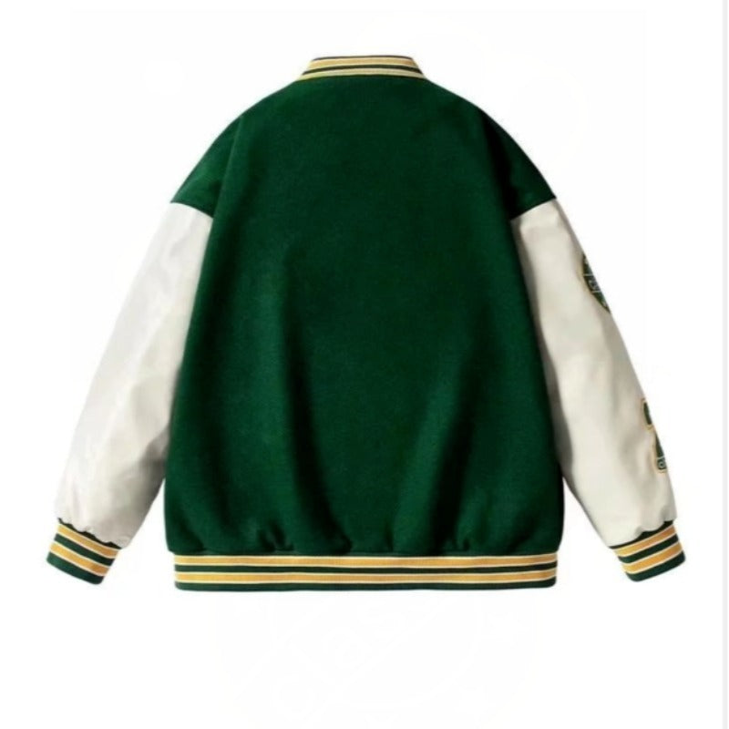 Street Letter Embroidered Baseball Jacket Men Product information: Placket: Single-breasted Fabric name: cotton Main fabric composition: polyester fiber (polyester) Style details: color matching Process: no-iron treatment Color: black, green, dark brown S